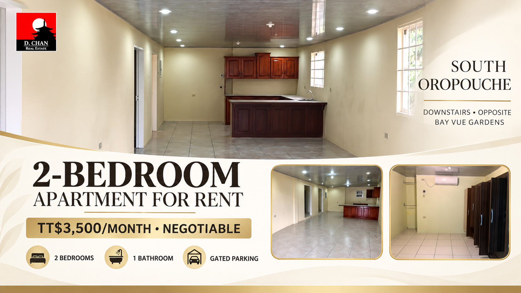 Open-plan interior of a 2-bedroom apartment for rent in South Oropouche