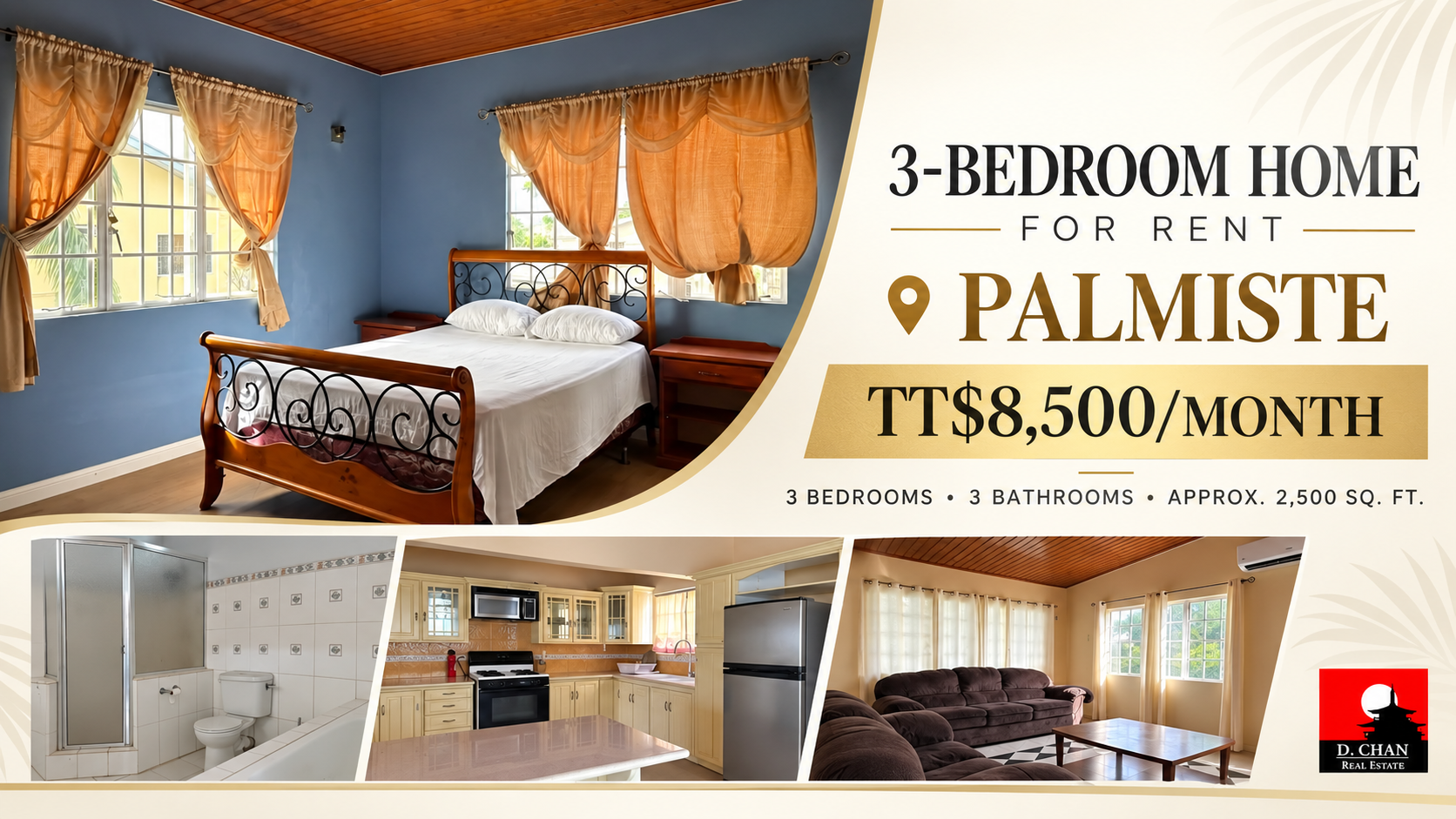 Interior views of a spacious 3-bedroom home for rent in Palmiste
