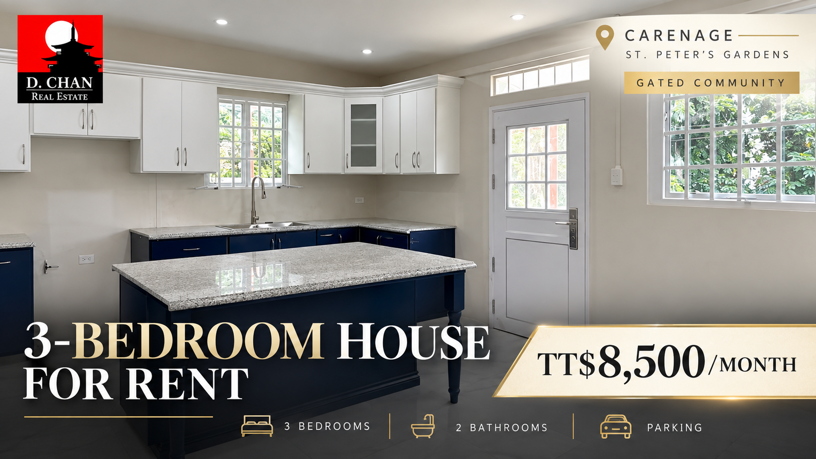 Modern kitchen in a 3-bedroom house for rent in Carenage